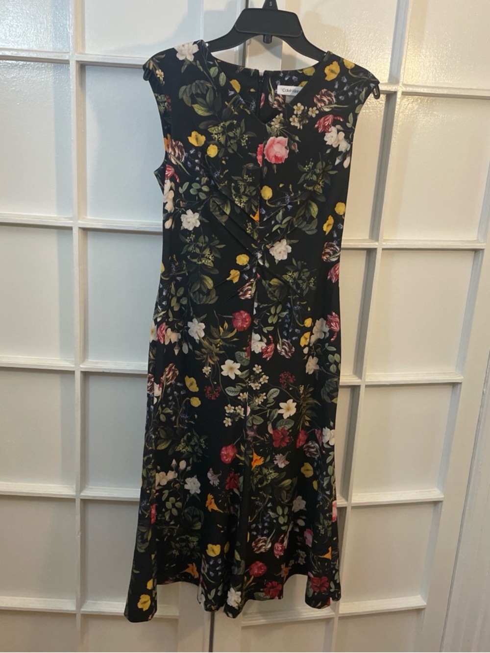 Calvin Klein Black Floral Midi Dress with Pink, Yellow and White Blossoms